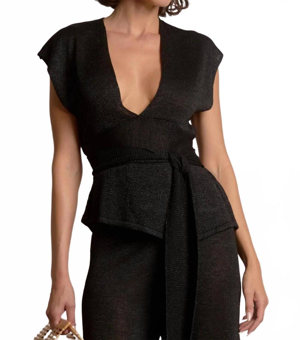 NEW ELAN women's waist band tie plunge top in black